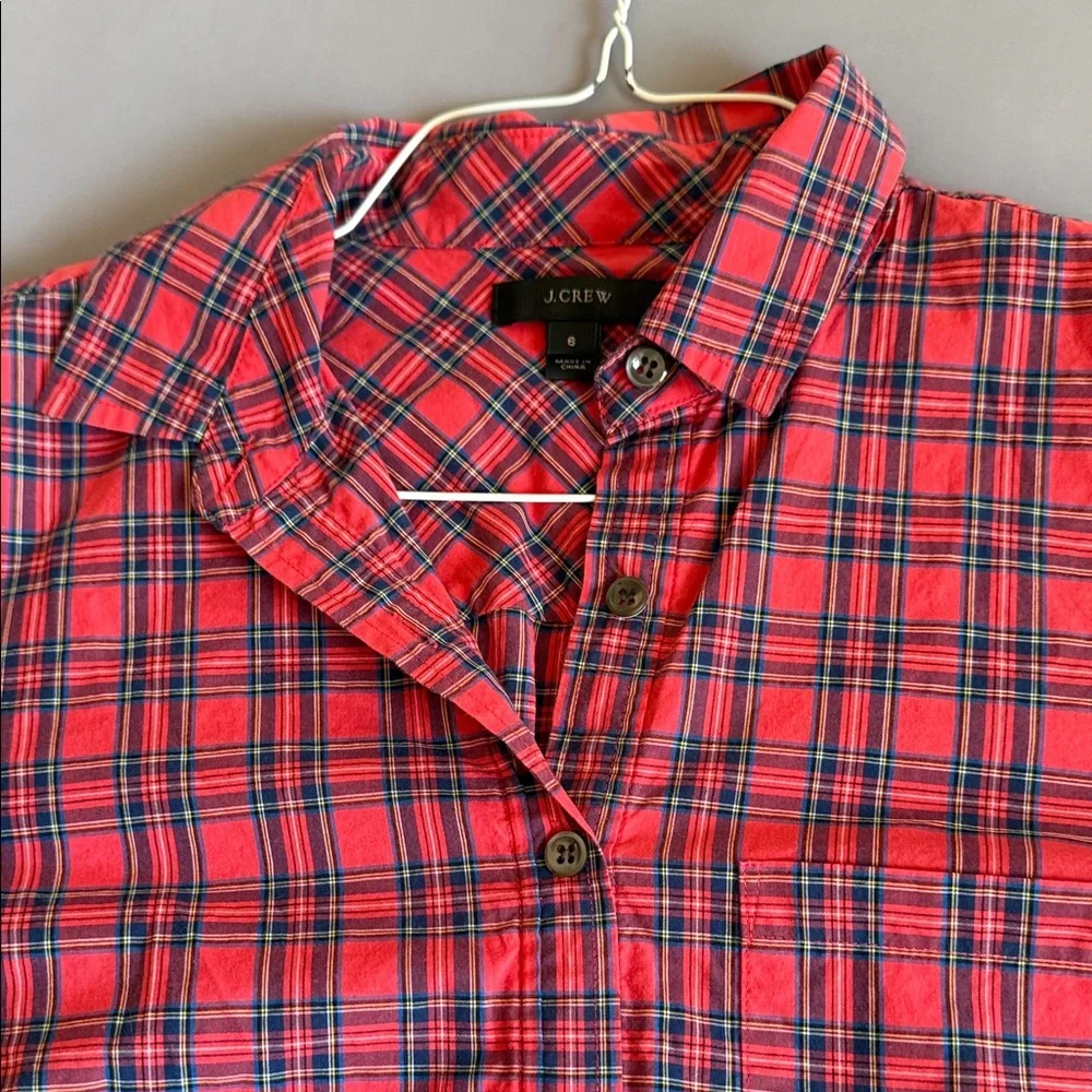 J. Crew Red and Navy Plaid Button-Down Shirt - Picture 2 of 4